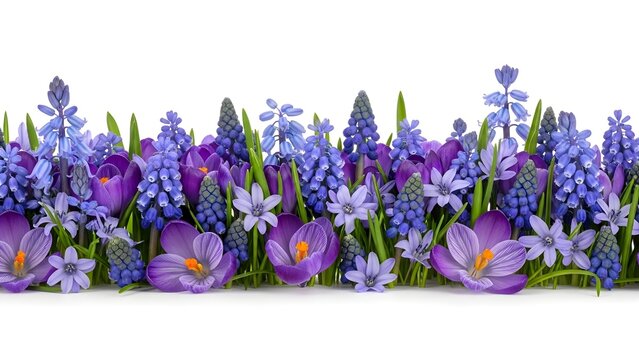 Vibrant Spring Flower Border with Purple Crocus and Blue Grape Hyacinth, Panoramic Floral Header Isolated on White Background