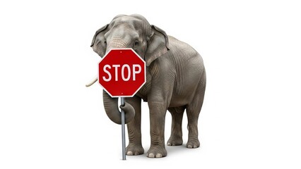 elephant holding a red stop sign, road sign, solid white background
