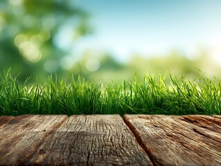Rustic Wooden Table with Fresh Green Grass and Soft Bokeh Background, Natural Outdoor Product Display Area, Spring Summer Scene
