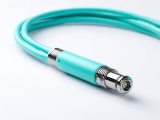 Modern Teal Medical or Scientific Cable with Chrome Connector and LED Light, Clean Studio Shot, Technology Concept