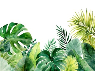 Vibrant Watercolor Tropical Leaves Border: Lush Green Jungle Foliage, Monstera, Palm Fronds, Exotic Botanical Design, Fresh and Natural