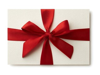Elegant White Card with Textured Surface and Vibrant Red Satin Ribbon Bow, Minimalist Gift Presentation, Celebration Surprise
