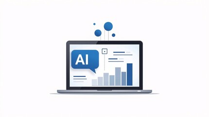 A laptop screen displays a blue "AI" chat bubble alongside a bar graph, with connected blue circles above—representing AI-powered data analysis or business insights accessed via a computer.