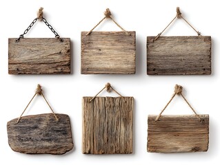 Rustic Wooden Signs Collection: Six weathered wood plaques with rope and chain hangers, perfect for rustic decor, signage, and vintage design elements.