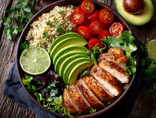 Healthy Chicken Quinoa Bowl with Sliced Avocado, Cherry Tomatoes, and Lime on Rustic Wooden Table, Vibrant and Fresh Meal