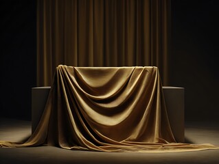 Luxurious Gold Textured Fabric Draped Over Pedestal with Dramatic Lighting, Elegant Presentation Stage, Sophisticated Background