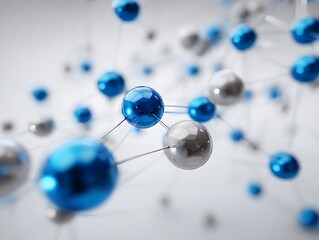 Abstract Molecular Network with Glossy Blue and Silver Spheres Connected by Thin Lines on White Background, Scientific Concept