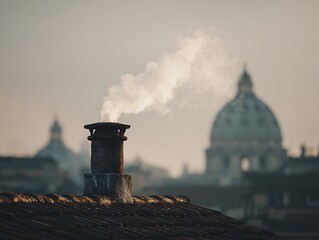 Vatican City Rooftop Smoke: Chimney with Steam Against Blurred Domes, Evoking Cozy Winter Atmosphere and Historic Urban Landscape