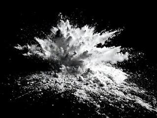 Dynamic White Powder Explosion Against Black Background, Fine Dust Particles in Mid-Air, Abstract Energetic Burst, Stock Photo