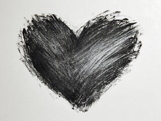 Abstract Black Heart Brushstroke on Textured White Paper, Expressive Hand-Painted Symbol of Love and Passion