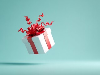 Floating White Gift Box with Red Ribbon and Bow, Festive Red Confetti Streamers Against a Soft Teal Background, Celebration Concept