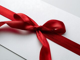 Elegant Red Satin Ribbon Tied in a Bow on Textured White Paper Background, Luxury Gift Wrapping Concept