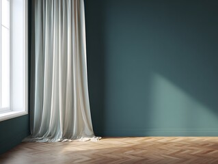 Modern Interior Scene: Teal Wall, Sheer White Curtains, Sunlit Herringbone Wood Floor, Minimalist Design Background