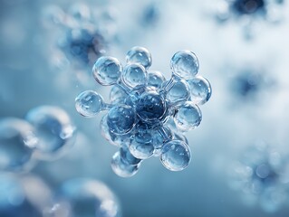 Abstract Molecular Structure, Blue Water Droplets, Microscopic Science, Medical Research, Chemistry, Biology, Clean Water Concept, Futuristic Technology