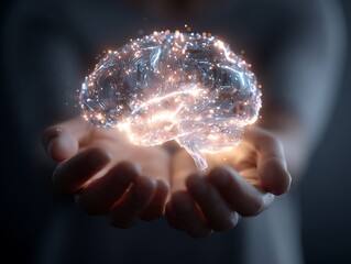 Futuristic AI Brain with Glowing Circuitry Held in Caring Hands, Symbolizing Innovation, Technology, and Intelligence