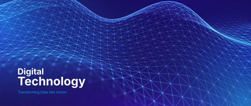 Digital Tech Wave Triangular Grid. Abstract AI Data Blue Background. Cyber Network Digital Mesh Connection Lines. Technology and Science Presentation Backdrop Vector Illustration.