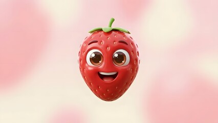 A smiling strawberry character illustration on a soft pink background with a cheerful expression