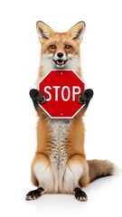 fox holding a red stop sign, road sign, solid white background