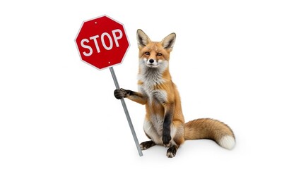 fox holding a red stop sign, road sign, solid white background