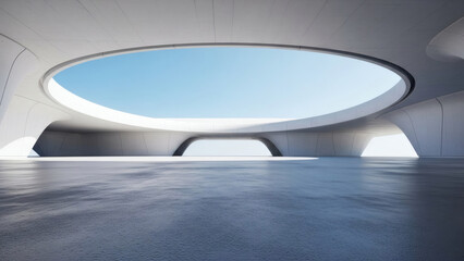 3d render of abstract futuristic architecture with empty concrete floor. Scene for car presentation.