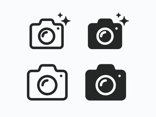 Photocamera icons, Ai camera icon in high contrast with star symbol. Artificial intelligence camera icons featuring sparkle accents. Generate photo or image, UI UX symbol for website