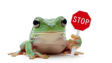 frog holding a red stop sign, road sign, solid white background