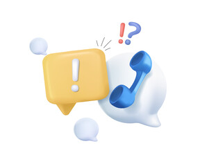 Call Center Support Icon. 3d Q&A Speech bubble, question and exclamation mark icon. Talk message box with phone sign. FAQ symbol concept. Contact us. 3d vector render free to edit. Vector illustration