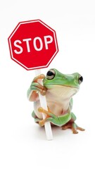 frog holding a red stop sign, road sign, solid white background
