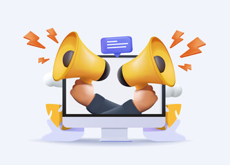 Online marketing, PR ad 3D vector illustration, hands hold megaphones on either side of a laptop screen, symbolizing the power of digital media in amplifying communication. Various digital outreach
