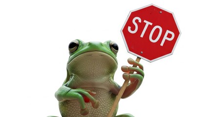 frog holding a red stop sign, road sign, solid white background