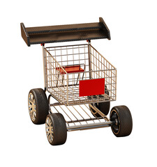 Shopping cart with sports tyres and a spoiler on transparent background. 3D illustration