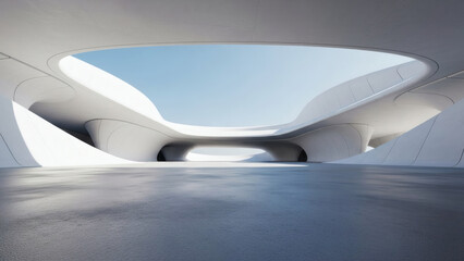 3d render of abstract futuristic architecture with empty concrete floor. Scene for car presentation.
