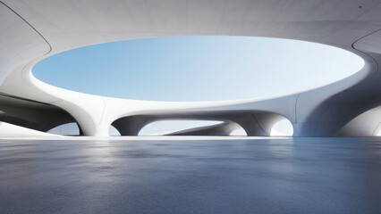 3d render of abstract futuristic architecture with empty concrete floor. Scene for car presentation.