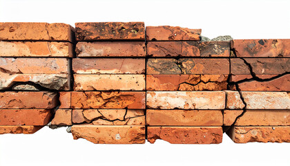 Damaged brick wall section with cracks and broken masonry isolated on white