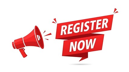 Red Megaphone and Register Now Ribbon Banner with Small Flags on White Background announcement