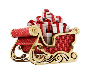 Santa's sleigh loaded with giftboxes on transparent background. 3D illustration
