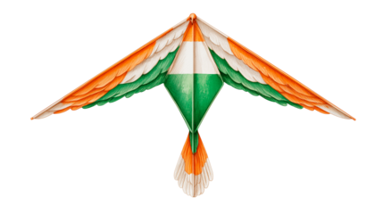 Traditional Indian paper kite in saffron, white, and green colors flying high in the sky during a festival celebration