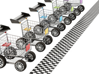 Shopping carts with sports tyres and a spoiler waiting at the start line on transparent background. 3D illustration