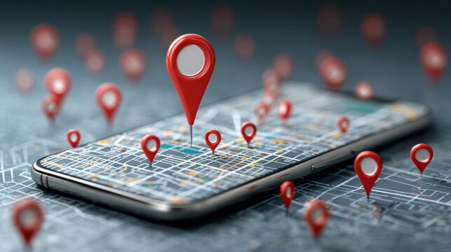 Geofencing concept illustrated by a digital map with virtual boundaries, a location pin, and a mobile device displaying a geofencing app. image