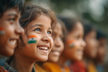 Group of Indian school children celebrating with face paint and smiles during a cultural event in their schoolyard