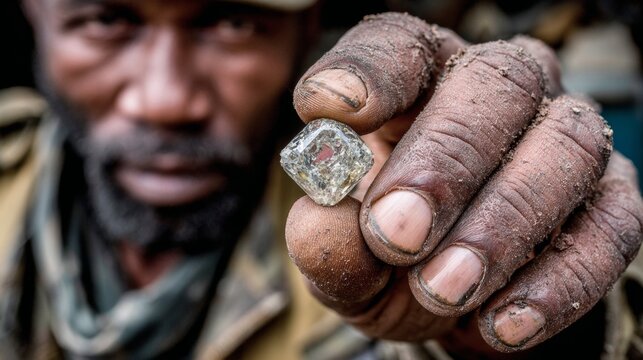 A miner's gritty hand holding a raw diamond, illustrating the unprocessed beauty and value of earth‑extracted diamonds