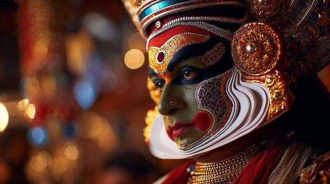 Kathakali dancer with detailed makeup performing in a cultural event at night in India, showcasing tradition and art