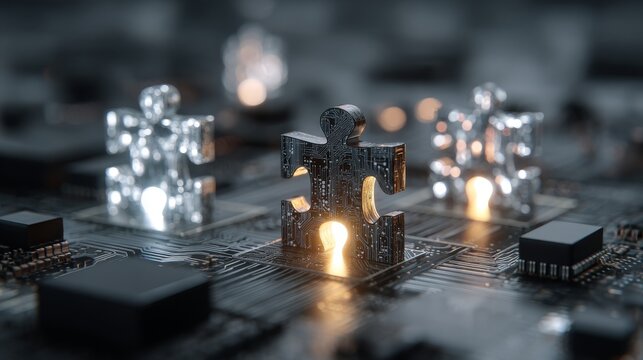 Puzzle pieces bearing circuit designs that signify microservices integration