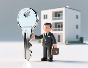 A model of a businessman realtor with an apartment key against the background of a new building