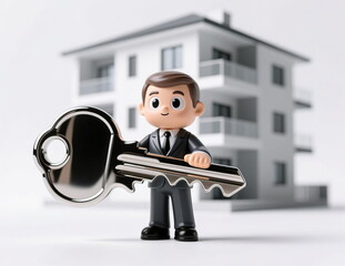 A model of a businessman realtor with an apartment key against the background of a new building