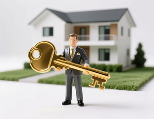 A real estate businessman model holds a golden key to a new country house.