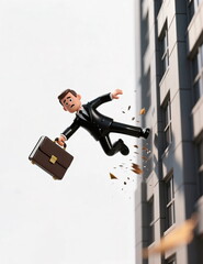 A businessman with a briefcase jumps out of his skyscraper office, financial crisis, falling chart