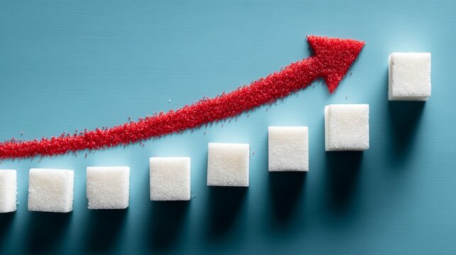 An upward-pointing arrow is created from sugar cubes, representing increasing glucose levels and insulin resistance