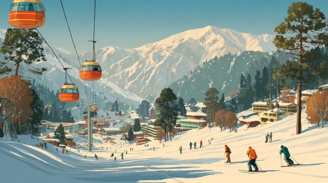 A vintage skiing poster featuring cable cars, snowy slopes, and mountains, evokes nostalgia and adventure