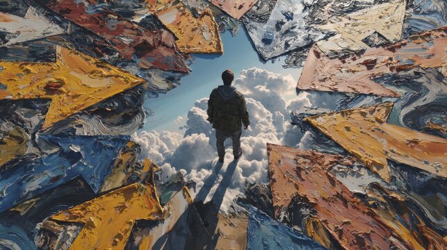 Standing at a crossroads, a man is depicted with arrows that denote choices